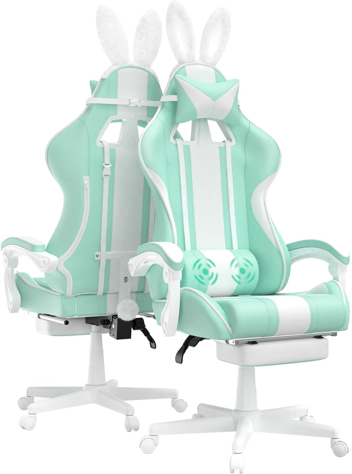 Ferghana Kawaii Light Green Gaming Chair with Bunny Ears, Ergonomic Cute Gamer Chair with Footrest and Massage, Racing Reclining Leather Computer Game Chair 250lbs for Girls Adults Teens Kids