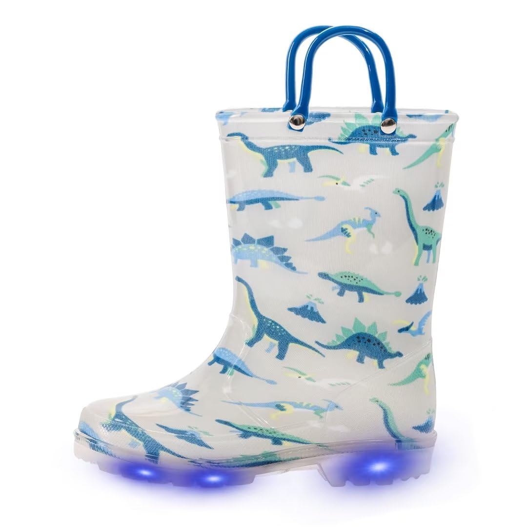 EUXTERPABoys Rain Boots for Kids, Dinosaur Toddler Rain Shoes Boy w/Handle, Child Light Up Anti-Skid Children Rain Boots