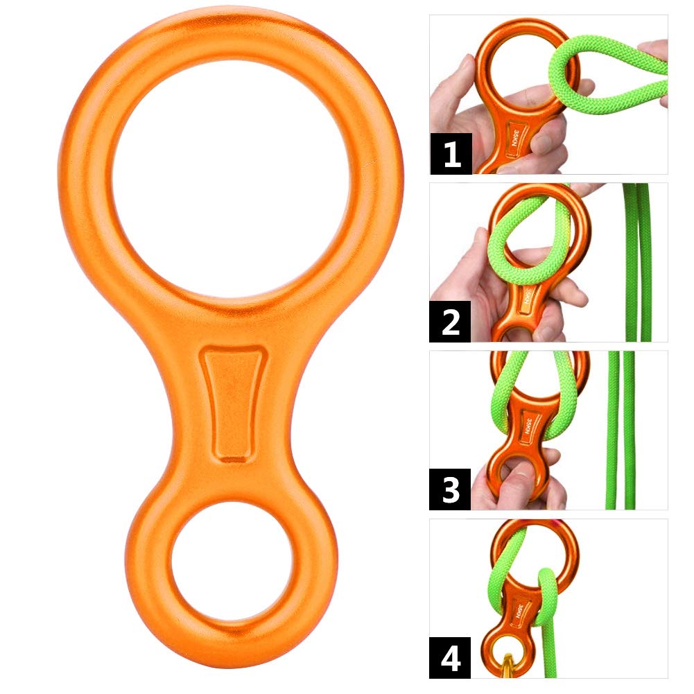 MAGT Anneau d'escalade 8, descendeur de Corde Haute résistance 35KN en Alliage d'aluminium Figure 8 descendeur de Corde Anneau de Descente d'escalade Durable pour l'escalade(Orange)