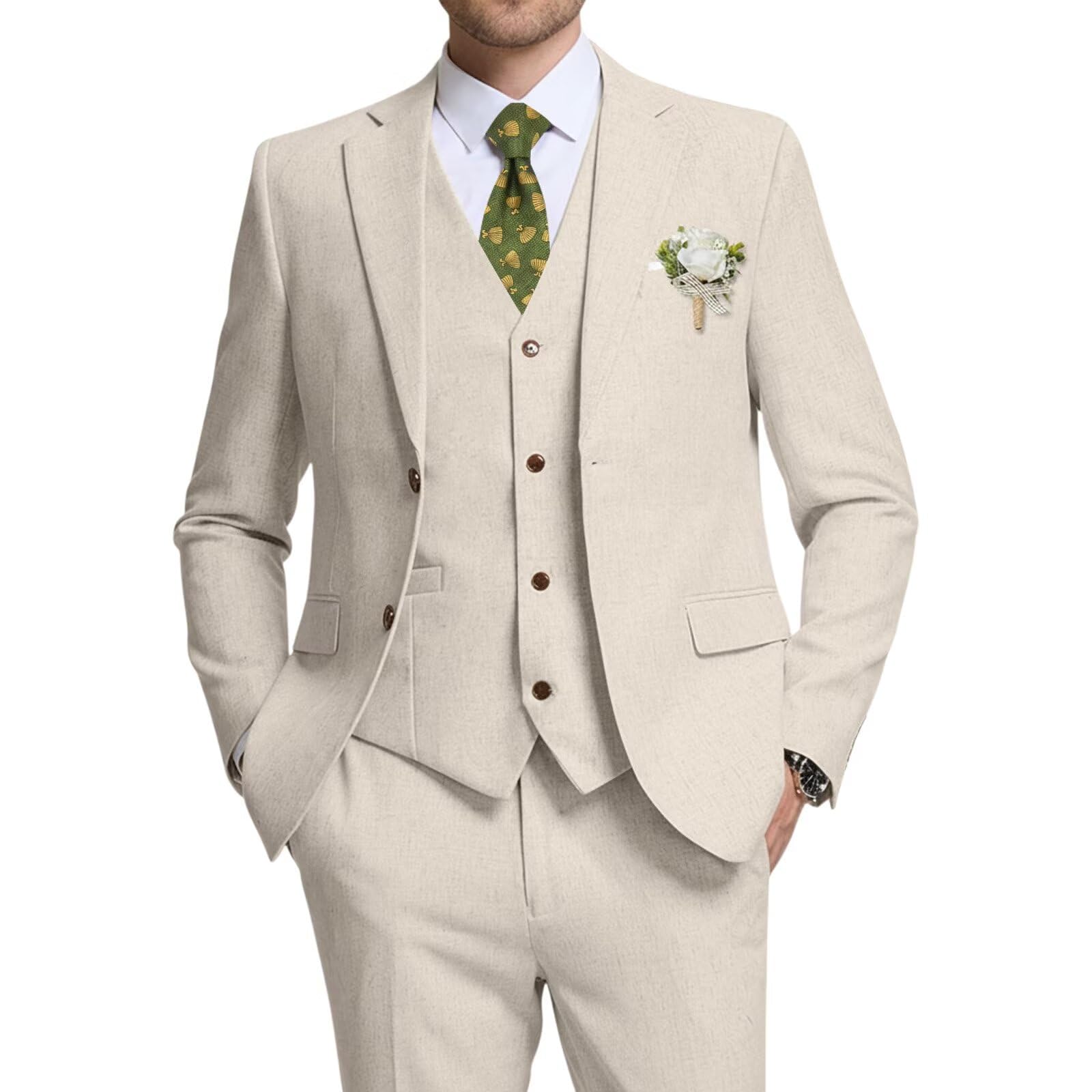 Retro Linen Suit for Men Casual Wedding Suit for Men Slim Fit 3 Pieces Jacket Blazer Vest Pant Groom Tuxedo