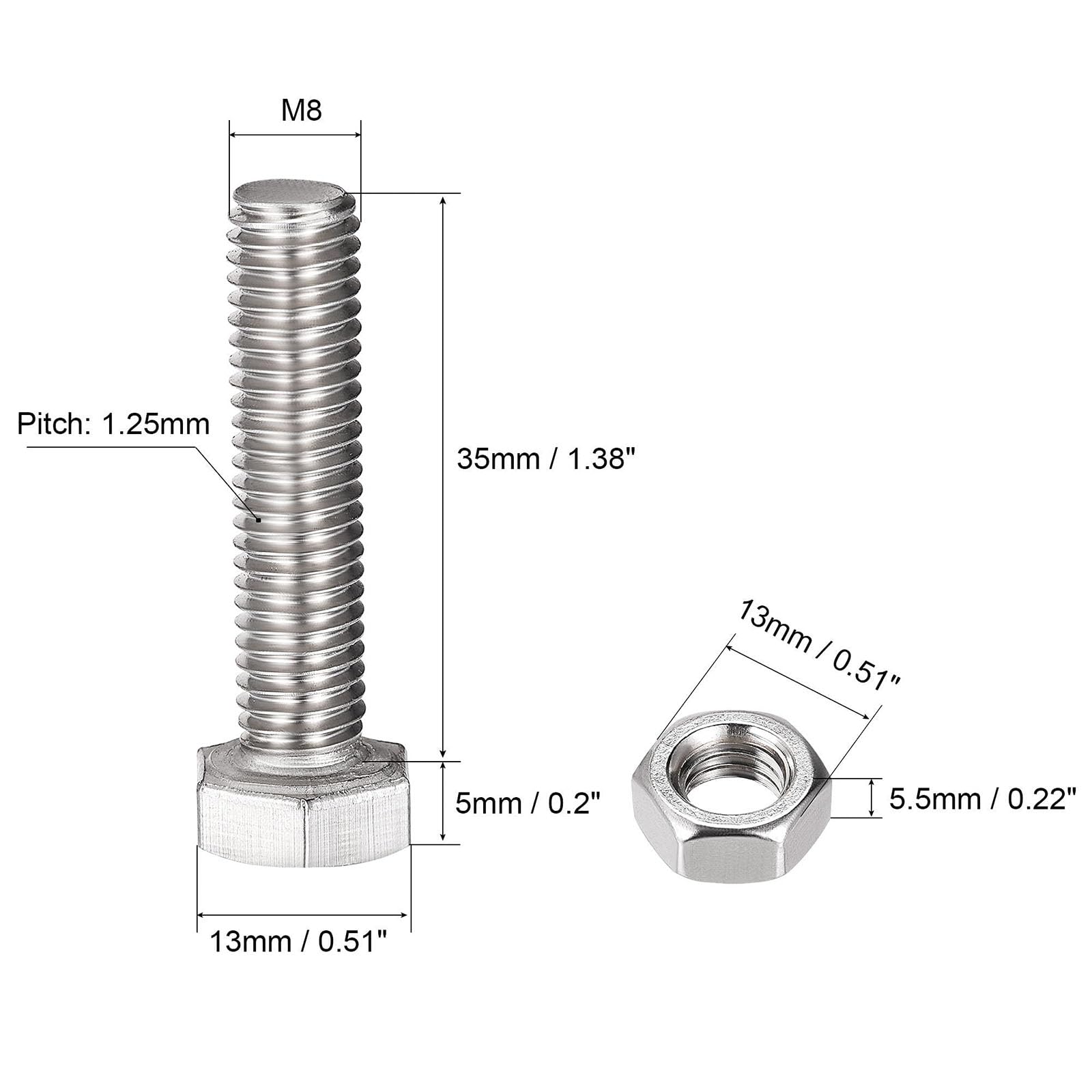 TOP-VIGOR 4Pcs M8 x 35mm Hex Head Screws Bolts, Nuts, Flat & Lock Washers Kits - Image 3