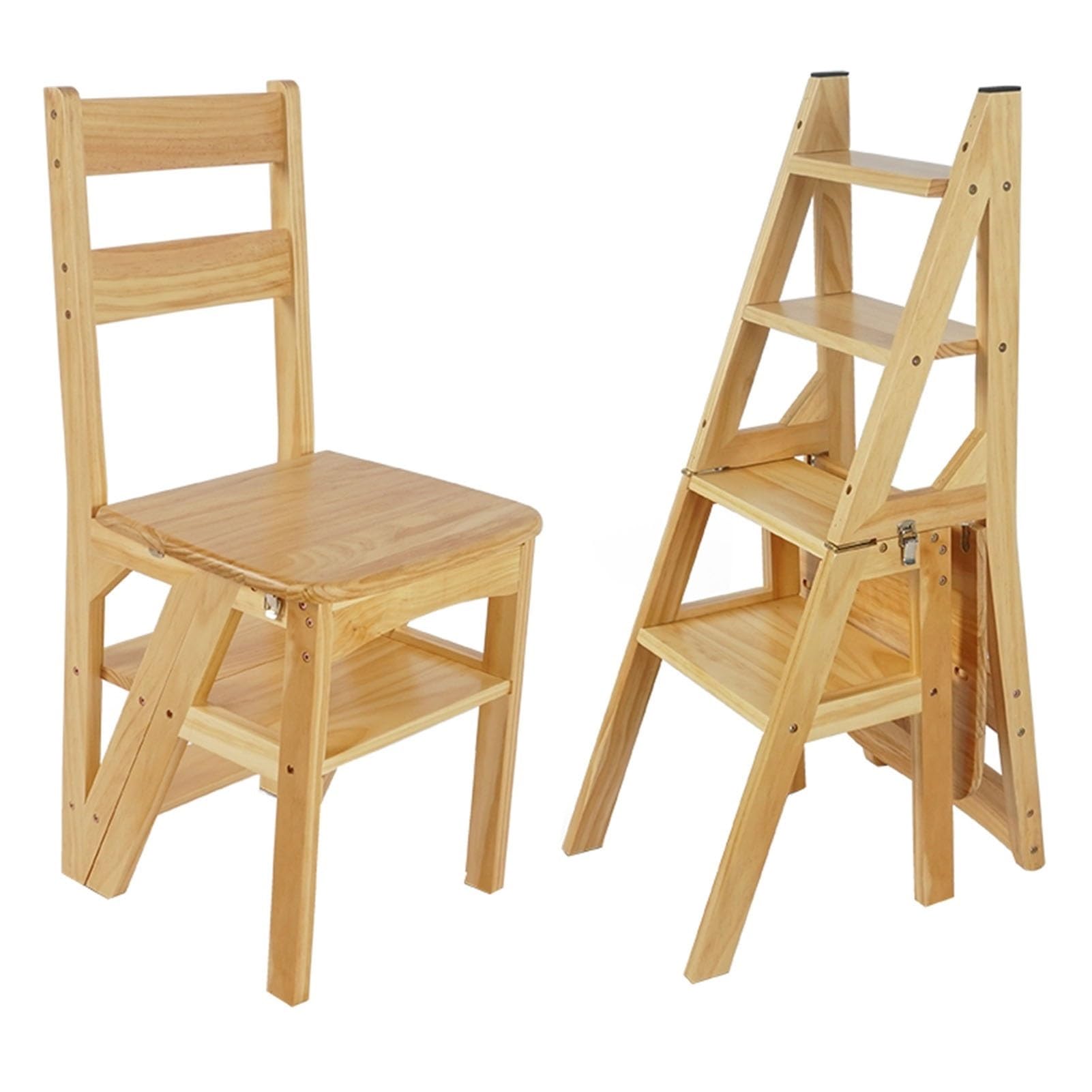Taburete plegable de madera marrón convertible en escalera de 3 peldaños con estante 35x40 cm
