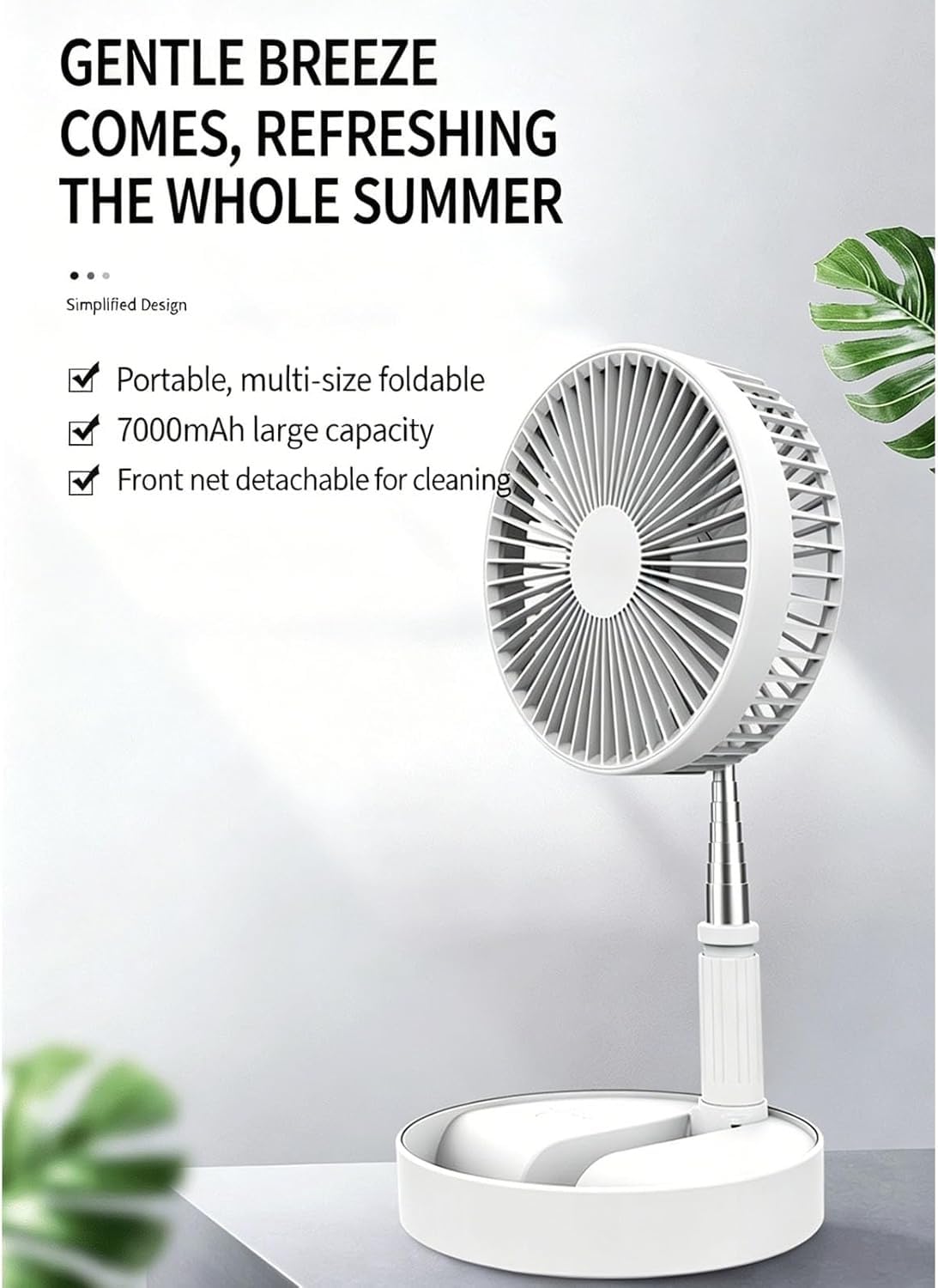 Ventilatore da terra pieghevole ricaricabile, ventilatore portatile silenzioso senza fili telescopico for viaggi in campeggio in ufficio a casa(Pink,2400mAh)