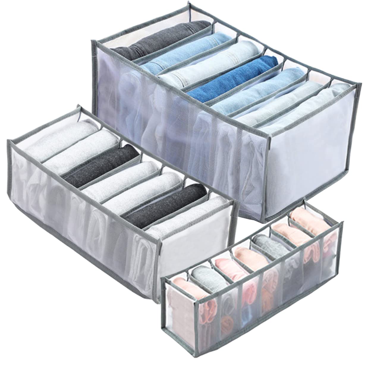 Junlic 3 Pcs Foldable Clothes Drawer Organisers, Washable Clothes Pants Underwear Drawer Organiser Wardrobe Storage Organiser with 7 Compartments for Baby Clothes, Ties, Socks, Jeans, Pants, Panties