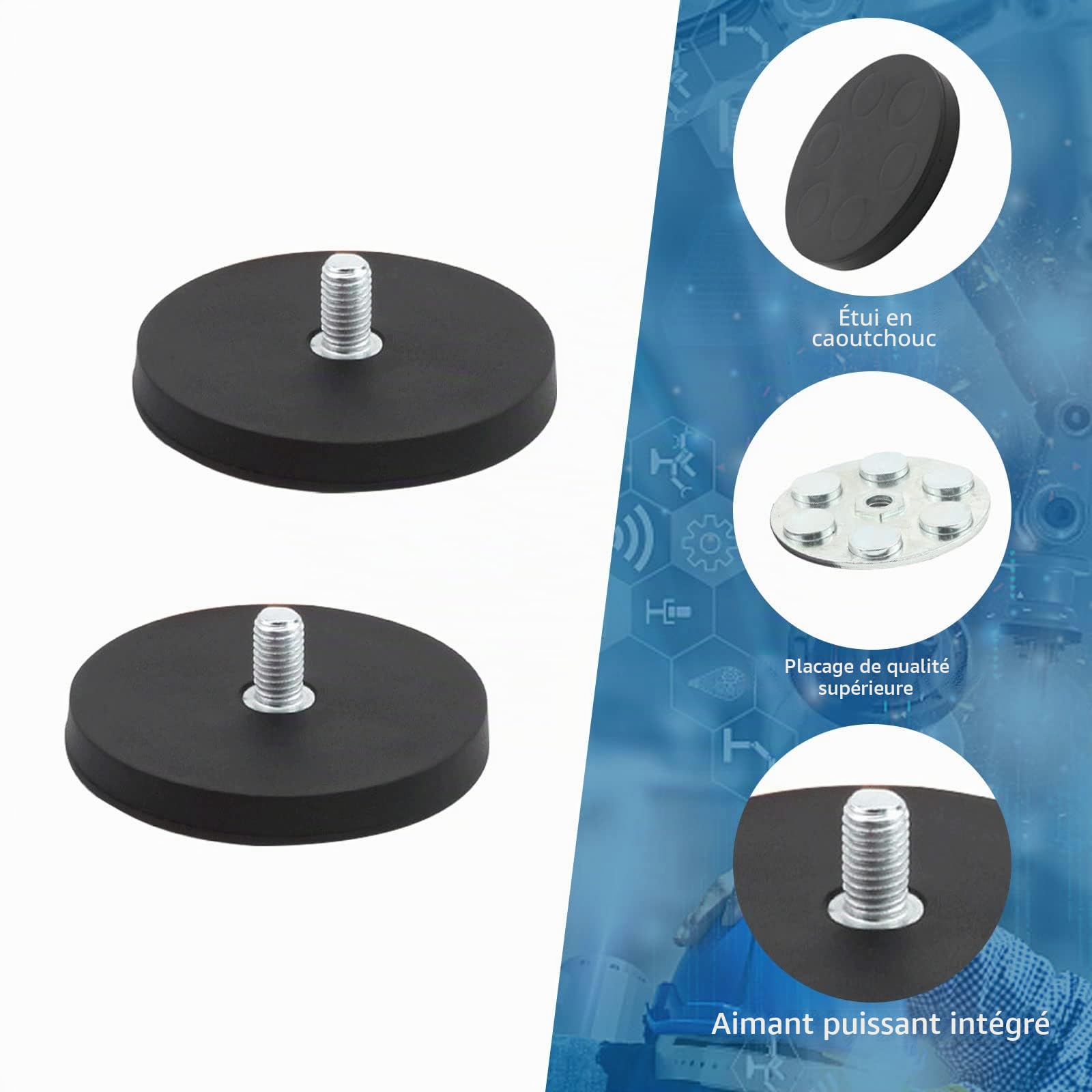 Lot de 20 aimants avec revêtement en caoutchouc, base ronde en néodyme de 43 mm avec filetage mâle M6, aimant puissant intégré, protection extérieure en caoutchouc pour l'éclairage, l'appareil photo