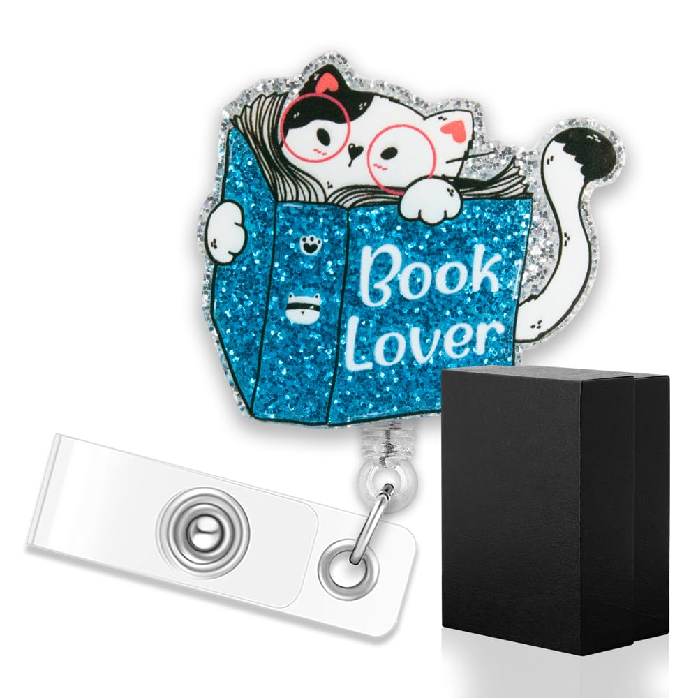 ERHACHAIJIA Book Lover Retractable Silver Glitter Badge Reel with Clip, Funny White Cat ID Card Badge Holder Gift for Nurses Doctors Office Worker Social Worker Colleague Cat Lover
