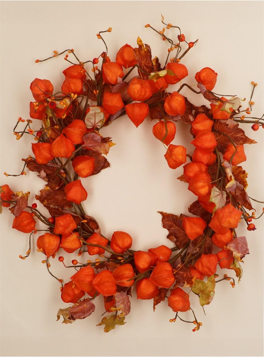 Gisela Graham Artificial Physalis Autumn Door Wreath, Orange, Round, 50cm