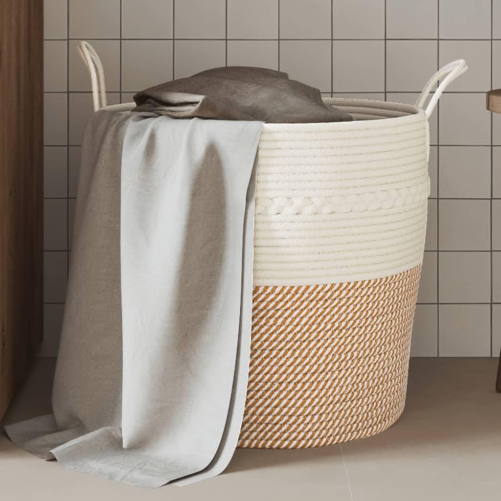 Dekokorb Baumwolle mit Griffen, faltbarer Aufbewahrungskorb Braun Weiß Ø43x38 cm – langlebiges Baumwollseil, platzsparendes Design, ideal für Kleidung, Handtücher, Decken