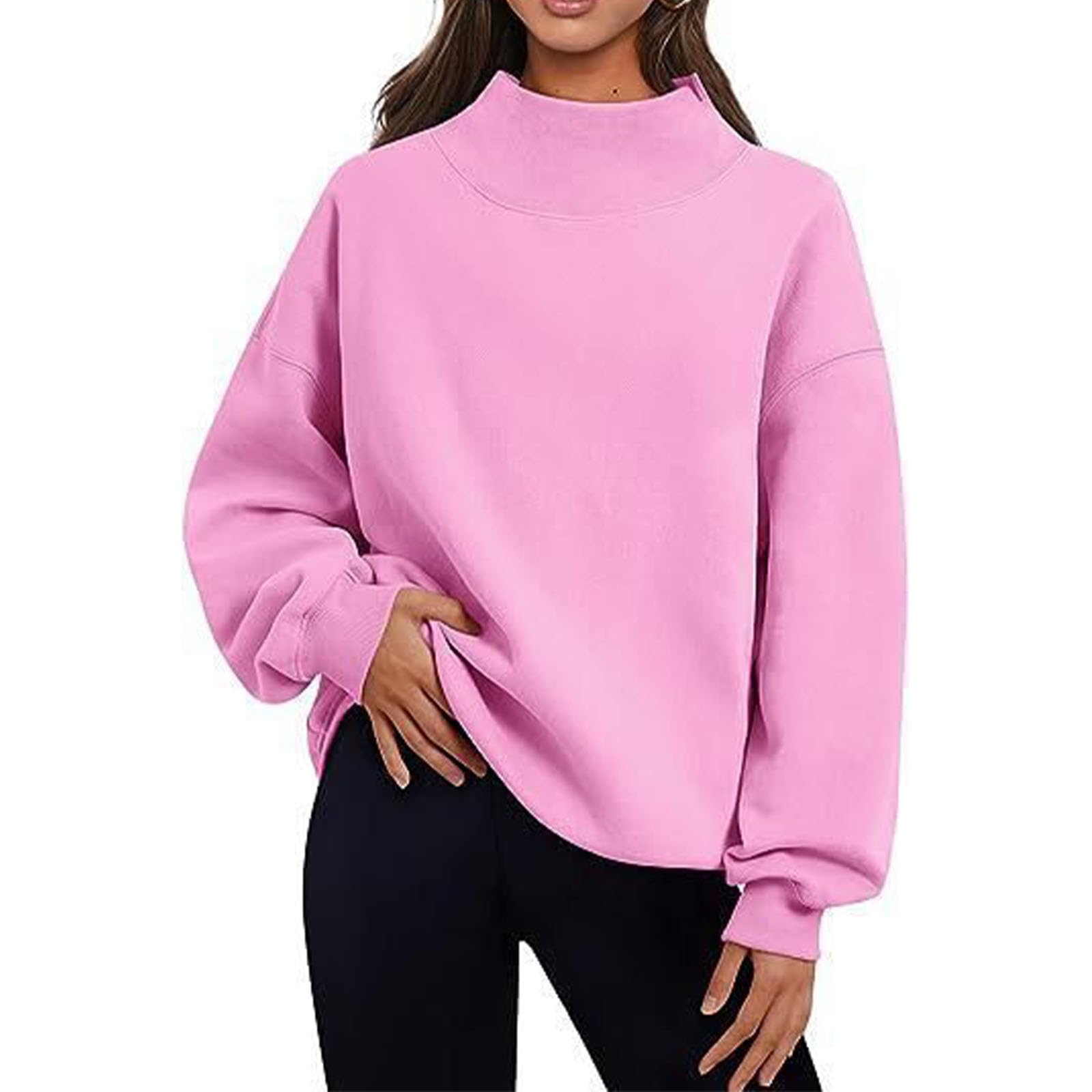 Damska jesienna, ponadgabarytowa lekka bluza z golfem (różowa, XL)