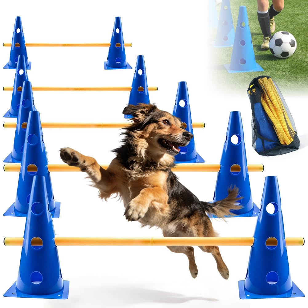 Agility - Juego de obstáculos para perros pequeños (10 conos y 5 barras, obstáculos de entrenamiento ajustables, altura: 23 cm, barra: 80 cm)