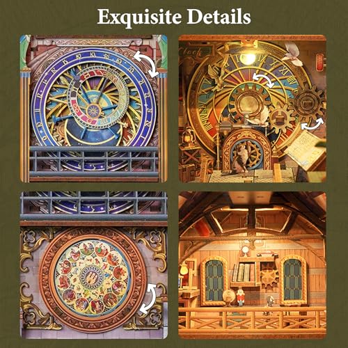 Image of Tonecheer DIY Book Nook Kit for Adults, 3D Wooden Puzzle Bookend Miniature House Kit, Booknook Bookshelf Insert Decor with Dust Cover and LED Lights Gifts (Clock Tower)