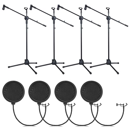 Sherr 4 Pcs Tripod Microphone Stand Adjustable Boom Height Mic Stand with Mic Clip and Windscreen for Live Stream, Singing, Stage Performance, Studio, Max Height 60 Inch