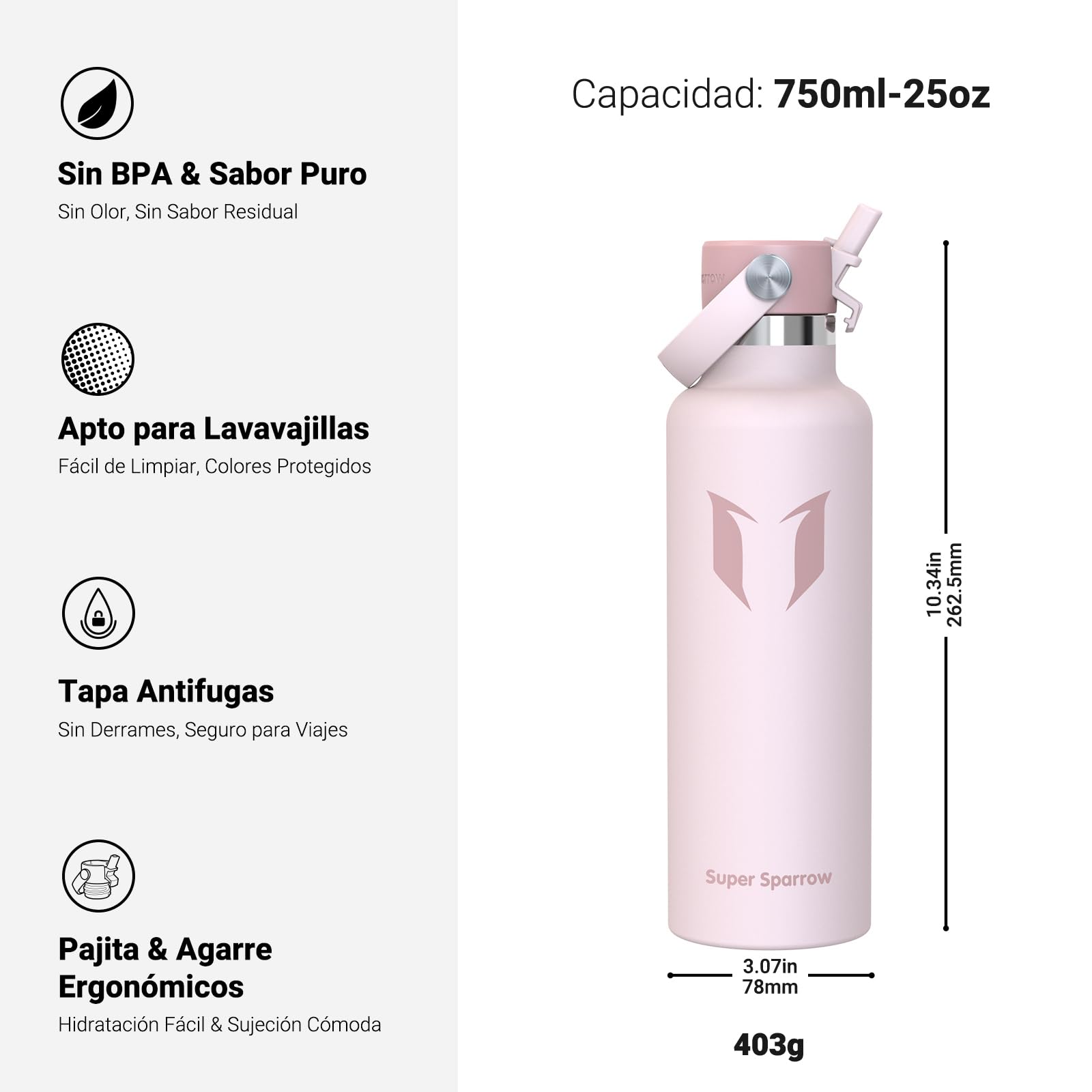 Super Sparrow Botella Agua Acero Inoxidable - Botella Termica - 350ml, 500ml, 750ml, 1L, 1.2L - Termo Sin BPA, Botella Agua Niños, para Deporte, Viaje, Escuela, Exterior, Oficina, Hogar — view 3