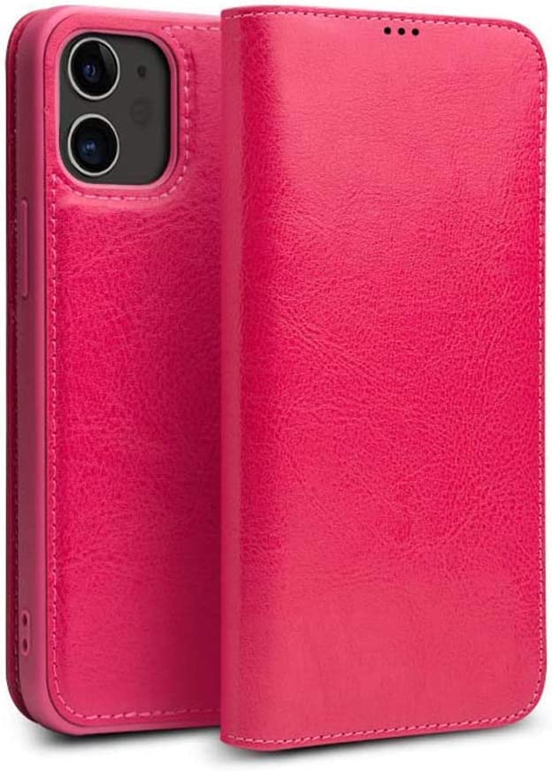 Étui portefeuille iPhone 12 cuir véritable rose rouge pour protéger l'écran et ranger les cartes