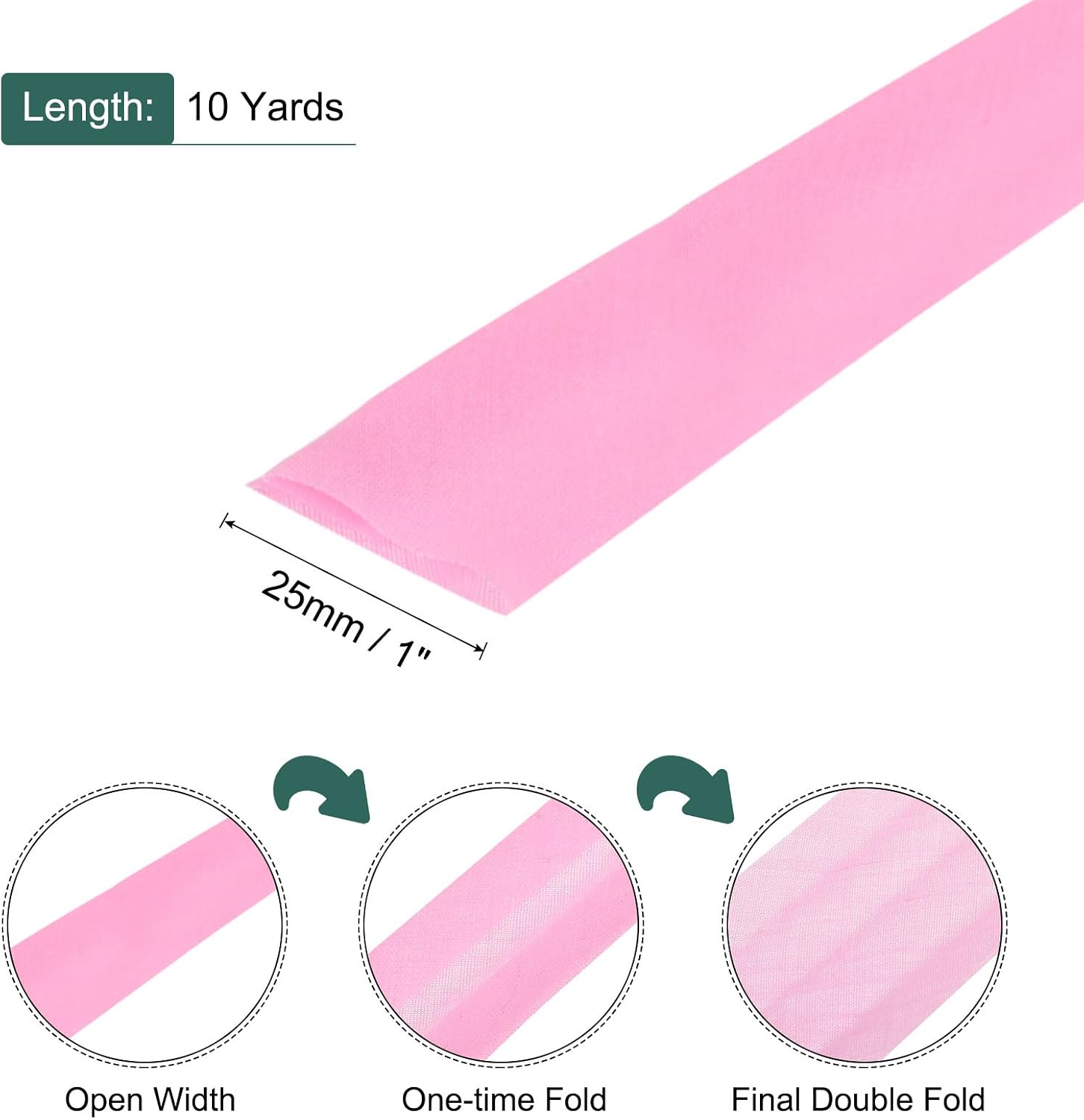 MECCANIXITY 1 Inch Double Fold Bias Tape Polyester Continuous Bulk Bias Tape for Sewing,Seaming Quilting Hemming Binding Crafts (Pink 10 Yards)