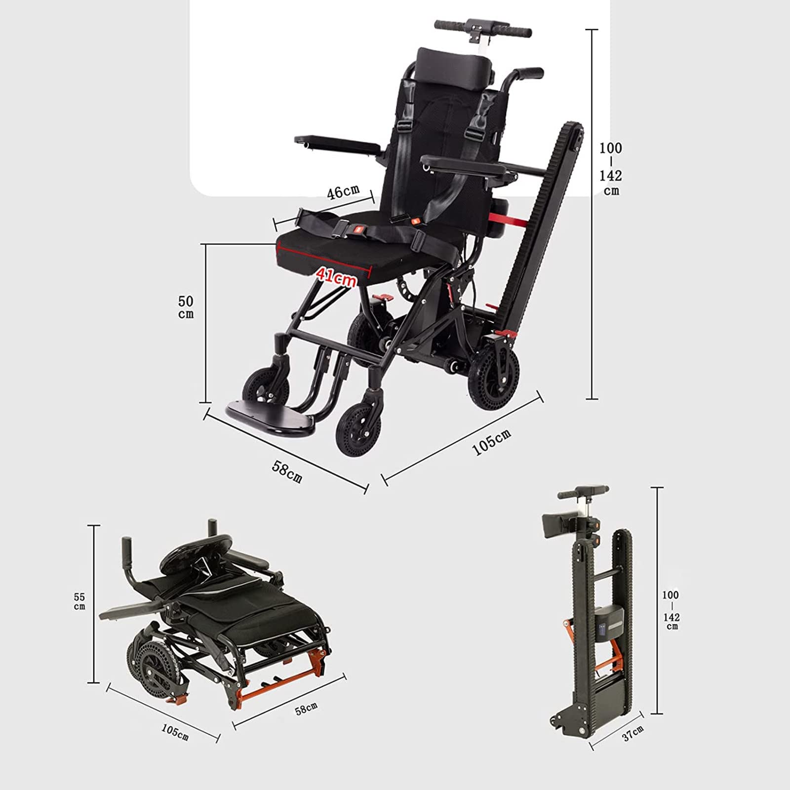Elektrischer Treppenlift + manueller Rollstuhl 2 in 1, Leichter Faltbarer elektrischer treppensteiger-Wagen, Rahmen aus Kohlenstoffstahl, 200-W-Motor, 13-A-Batterie und Belastung von 330 Pfund