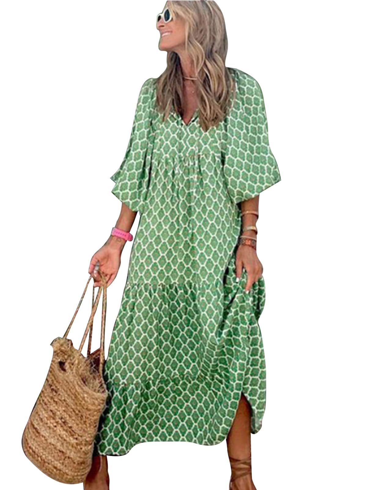 MessBebe Sommerkleider Damen Elegant Boho Langarm Blumenkleid V-Ausschnitt Maxikleid Lässig Sommer Freizeitkleid