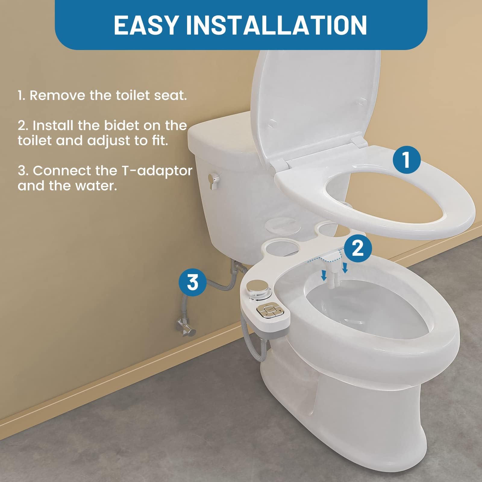Nakładka bidetowa do toalety, nieelektryczna, smukły przycisk, bidet WC, chowane, samoczyszczące się podwójne dysze i pokrętło do regulacji ciśnienia wody (srebrna)