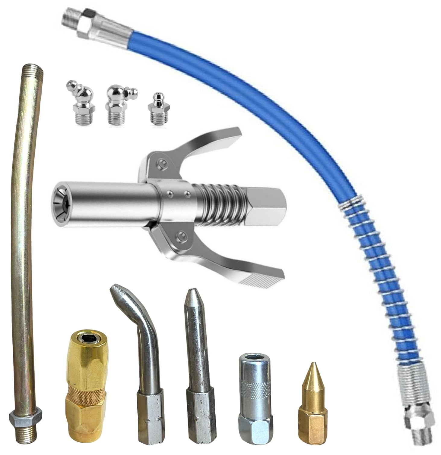 EPITECH MART 1Pc Grease Gun Coupler 10000 Psi With 15inch Flexible Blue Hose Pipe, 6Pc Grease Nozzles & Oil Nozzles-picture-30