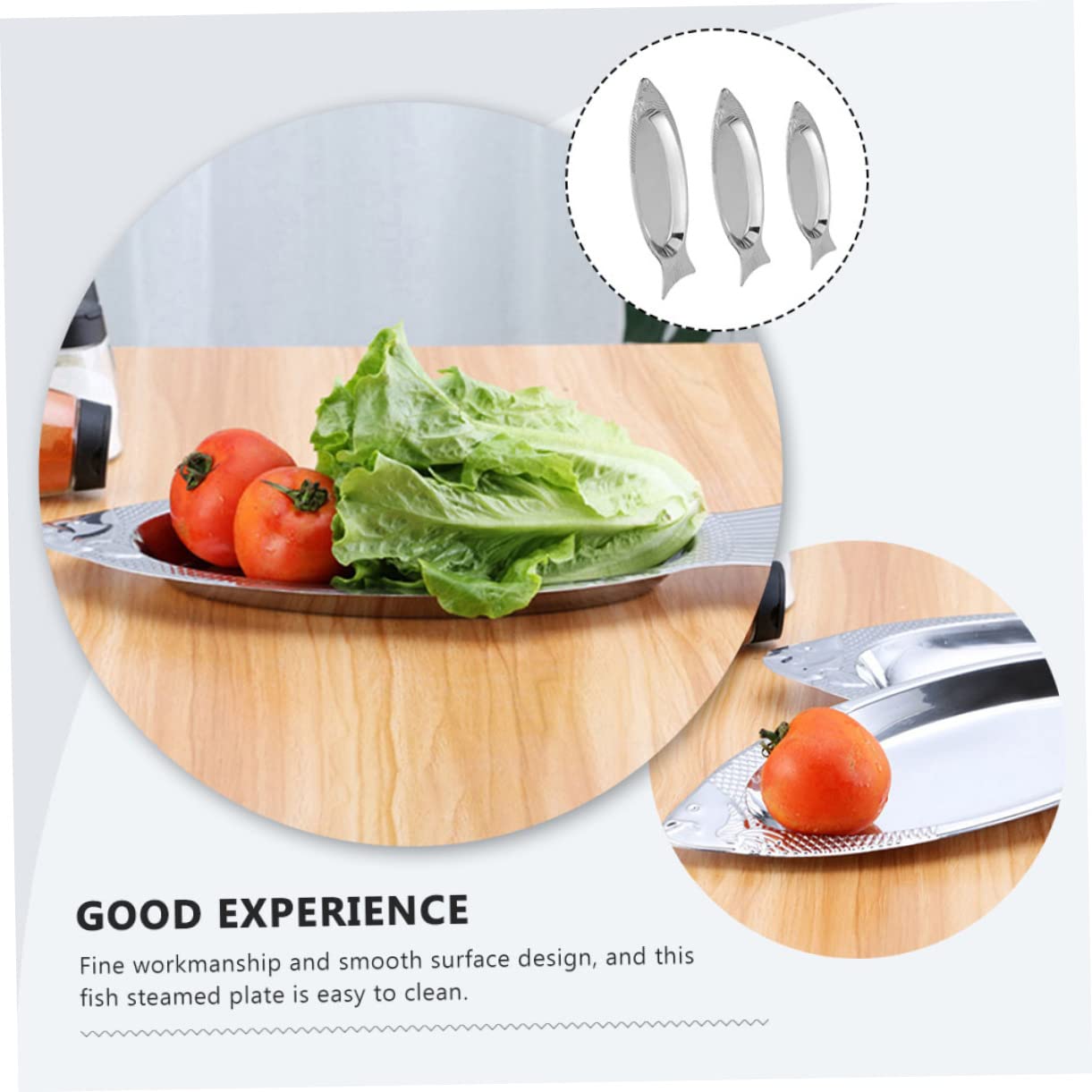 LABRIMP Bandeja de Pescado 3 Piezas de Acero Inoxidable, Apta para Vapor | Acabado Plata, Forma de Pez, Uso en Hoteles y Restaurantes, Diseño Único Superficie Lisa