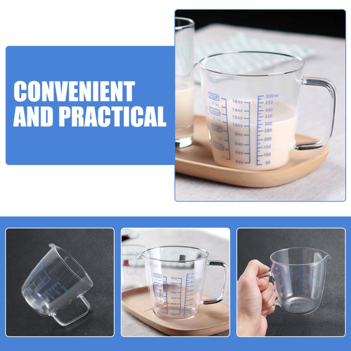 VALICLUD 3 Piezas Taza Vidrio y Medidora de Asa 500ml 250ml con Líquidos | Graduación Visible, Fácil de Llevar y Guardar, Uso en Cocina