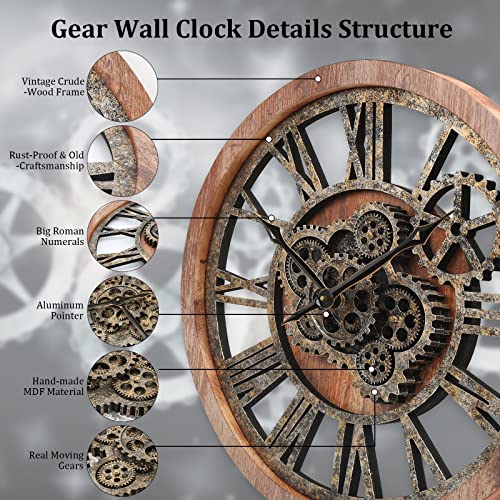 Hoibai Wall Clock 24 Inch Large Clocks For Living Room Decor With Moving Gears Vintage Industrial Steampunk Farmhouse Big Clock For Home Kitchen Bedroom Office #TOP6