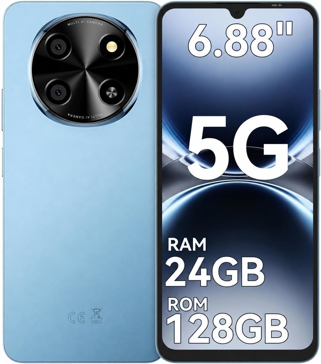 5G Android Phone, 6.88HD Unlocked Phones for T-Mobile, NFC, 24GB+128GB,Blue