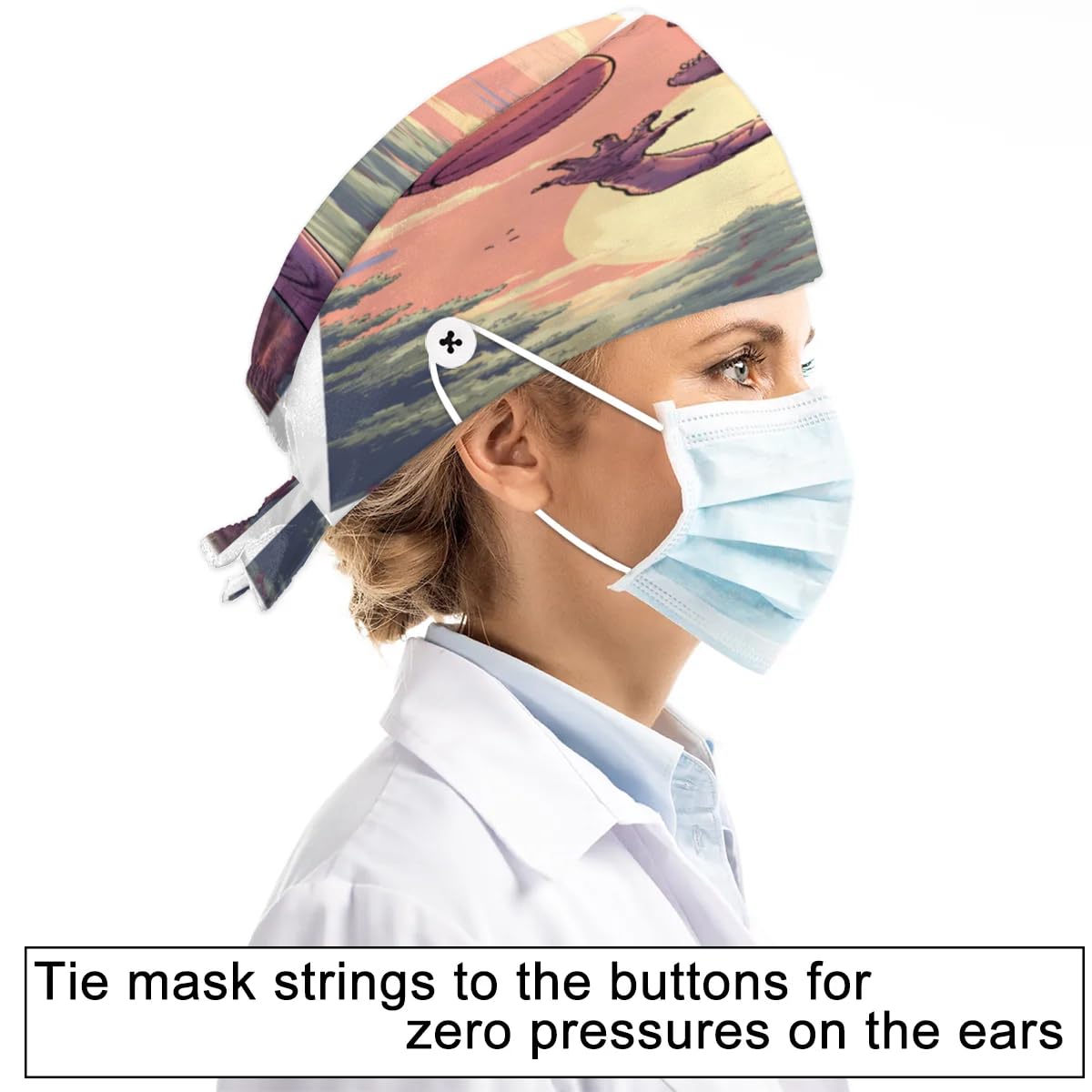 Working Cap with Button, Tyrannosaurus Playing Basketball Sweatband Bouffant Hats, Adjustable Scrub Caps for Women Men (22 x 5 in)