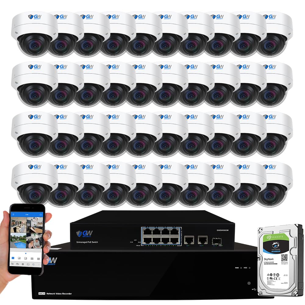 GW Security 64 Channel PoE NVR UltraHD 4K Smart AI Security Camera System with 40 x 4K (8MP) IP Microphone Dome Camera, 100ft Night Vision, Face/Human