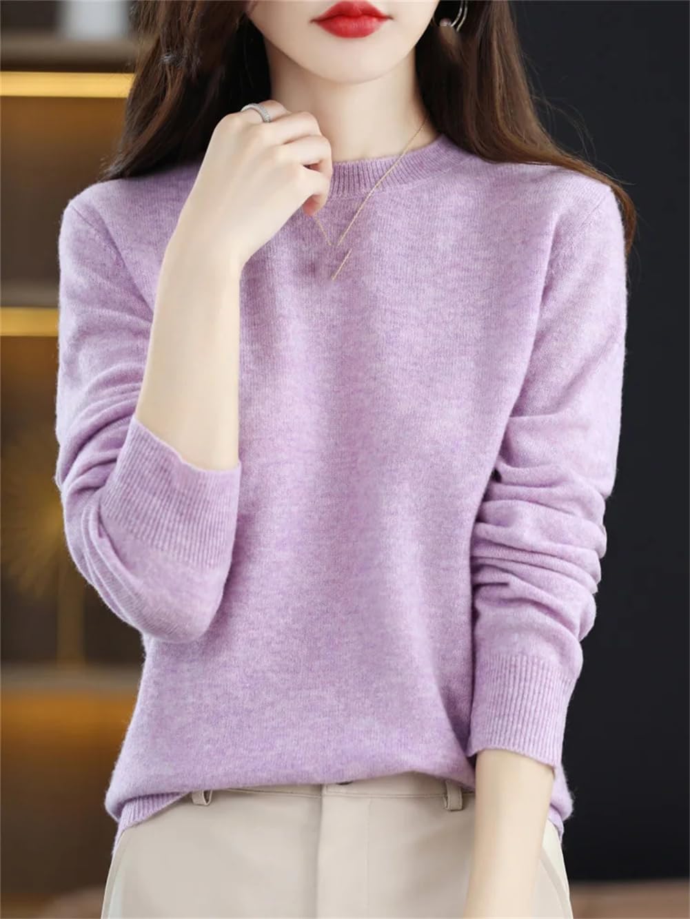 Maglione da donna in 100% lana merino, tinta unita, a girocollo, a maniche lunghe, morbido