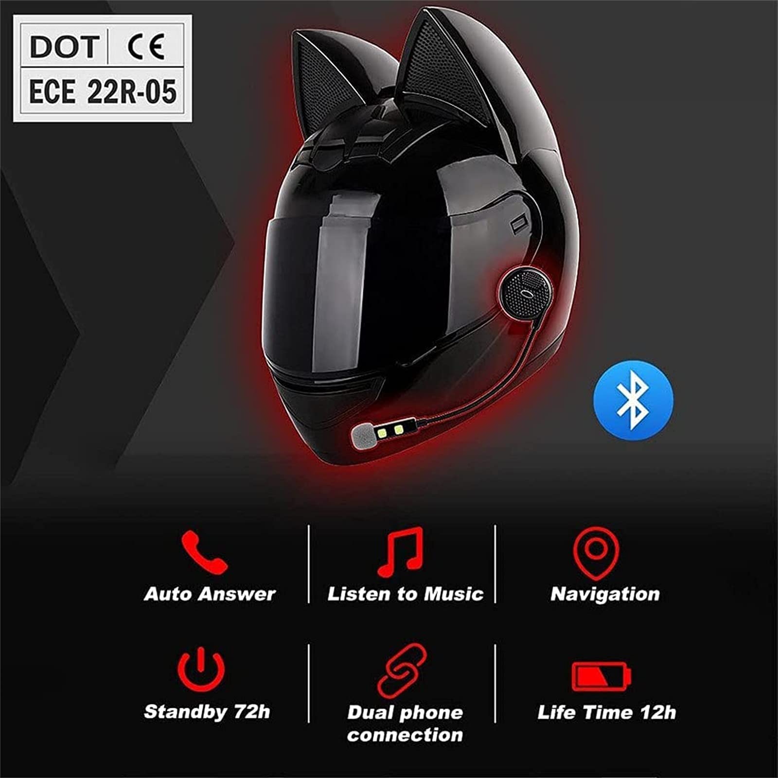 Cat Ears Integral Kaski Bluetooth Kask Motocyklowy Rozpinany Modułowy Kask Zintegrowany ECE Certyfikowany Dorosłych Kaski Motocyklowe Dla Mężczyzn Kobiet Skutery Kaski Motocyklowe