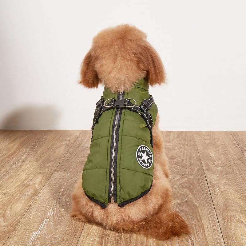 PLBSE Cappottino invernale per cani di taglia grande, verde, XXL, in pile/nylon, impermeabile, antivento, con finiture riflettenti