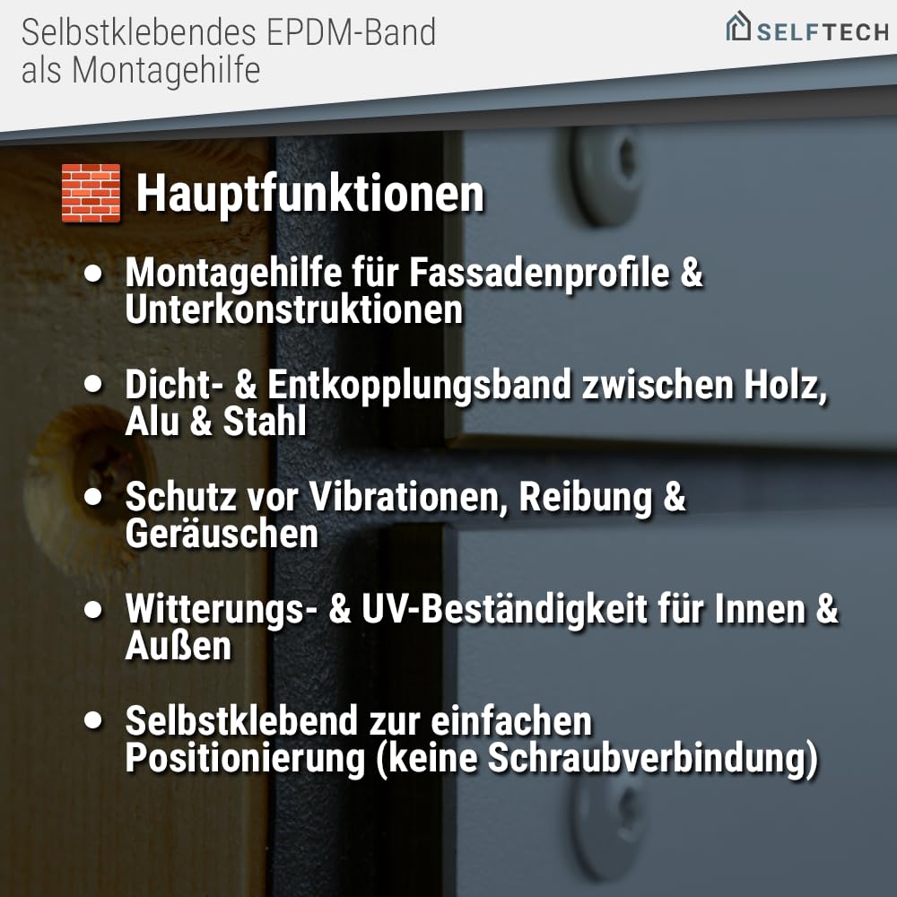 Selbstklebendes EPDM Fugenband als Montagehilfe - schwarzes Dichtungsband für Fassadenprofile | Stärke 0,8mm / Länge 25m (60mm)