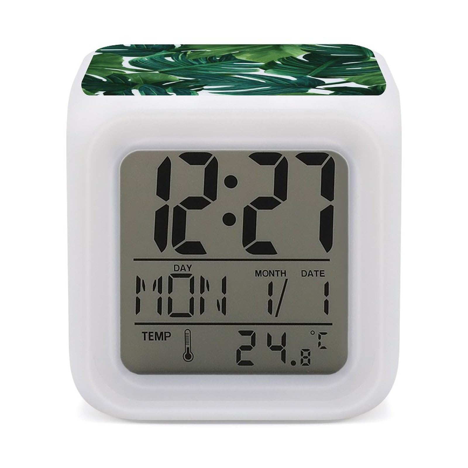 JTREHY Banana Leaves Alarm Clock Digital Dimmable Clock for Bedroom LED Display Screen Mini Clocks 7 Color Dimmable Night Lights Time-to-Rise Alarm Clocks for Office Living Room