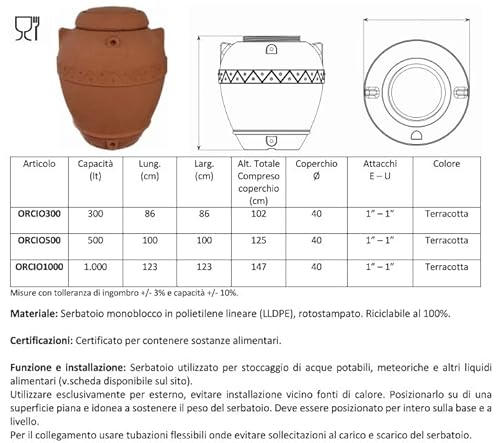 Polyethylen Wassertank Orcio Giara dekorative Terrakotta-Optik Modell 300 Liter Made in Italy