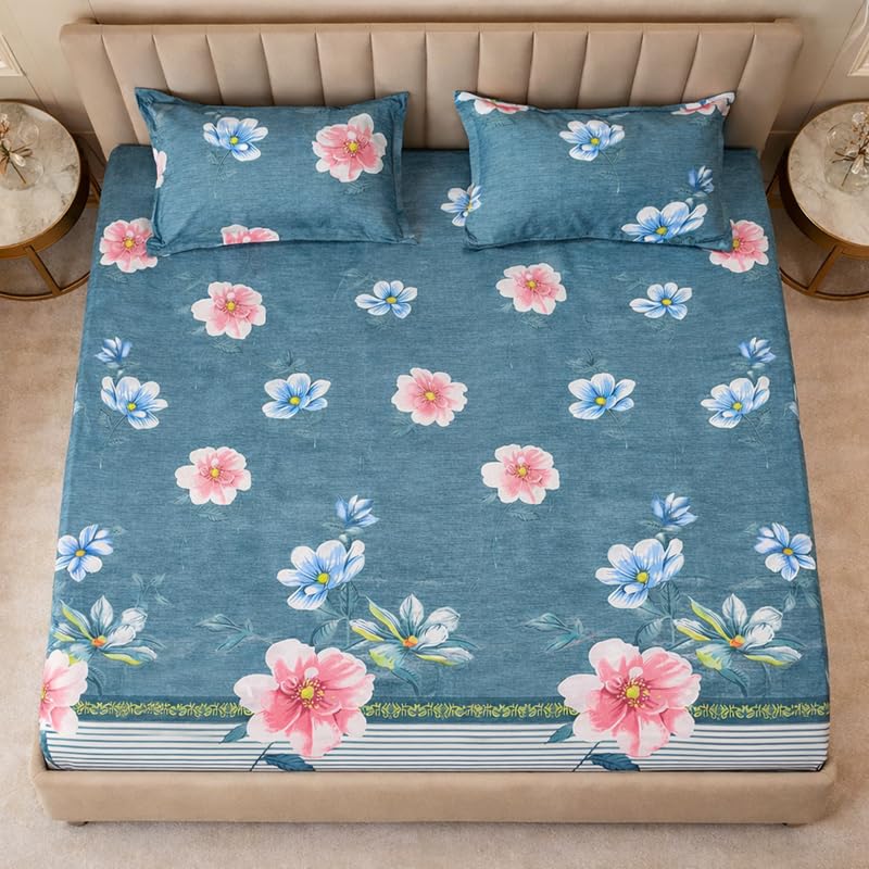 Image of THEA Elastic Fitted Double Bedsheet Set| 100% Cotton Like Soft Fabric | Double Bedsheet for Double Bed (72 X 78 x 6 inches) with 2 Pillow covers,Royal Teal Flora