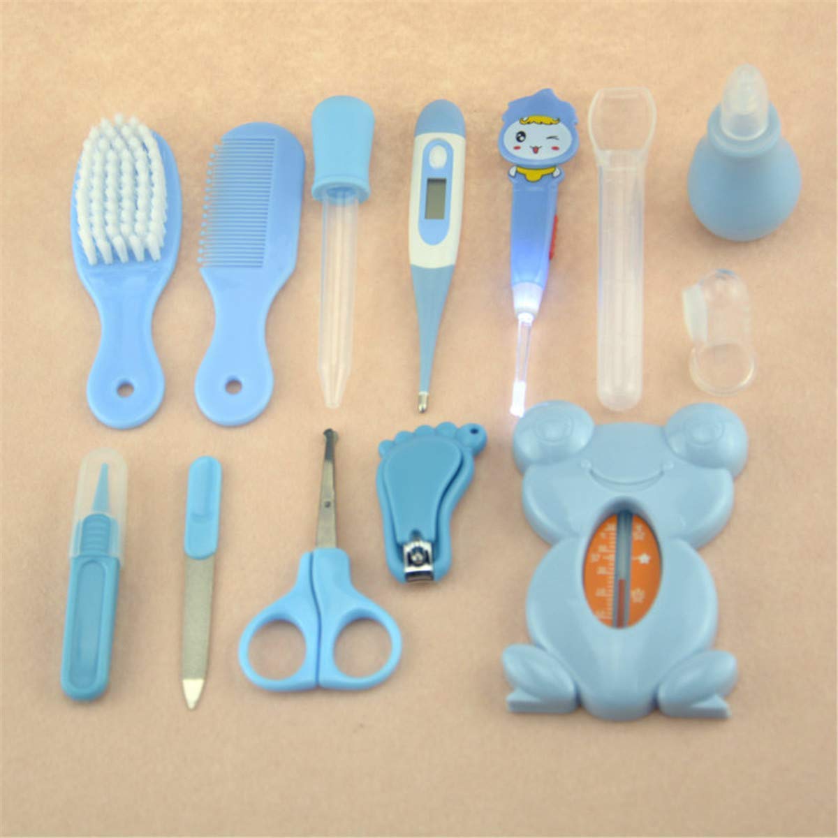 13 pcs/ensemble Kit de soins bébé Infirmière nouveau-né Bébé Clou Cheveux Soins de santé Des gamins Thermomètre Toilettage Brosse Trousse (Blau)