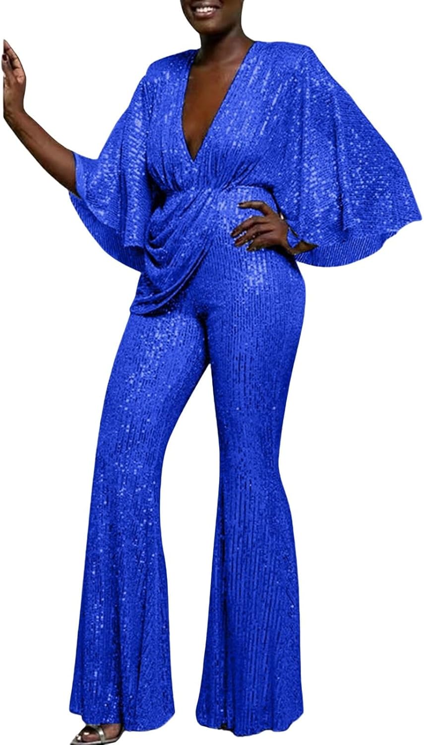 70s Disco Outfit Woman Sequin Jumpsuit Costume Outfits V-Neck for Women Sexy Deep V Neck Open Back