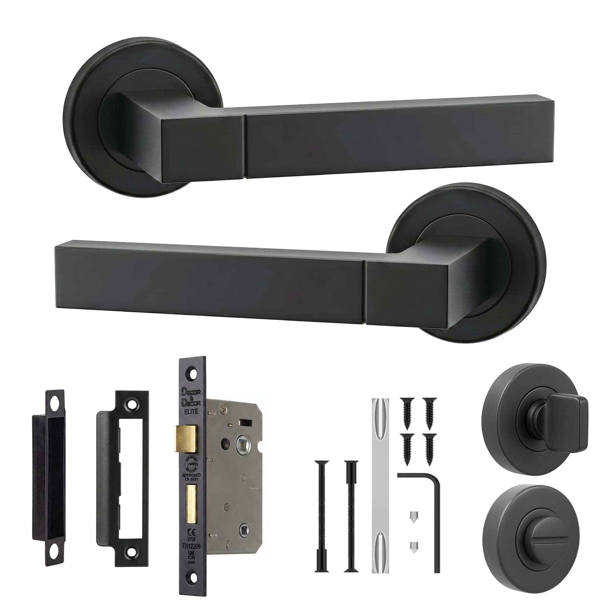 Decoranddecor Lumina Matt Black Internal Door Handles, Bathroom Kit 76mm