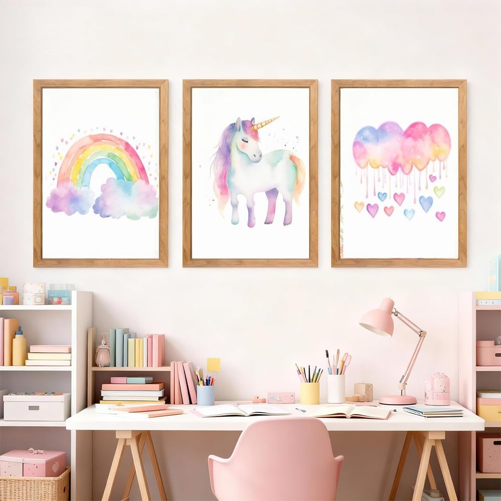 3 Laminas Decorativas Unicornio 30X40CM Poster Habitacion Niña Rosa Cuadros Arcoiris Bebé Lienzo Unicornio Laminas Habitacion Bebe Niña Infantil Rosa Poster Arcoiris Nubes Infantil sin Marco