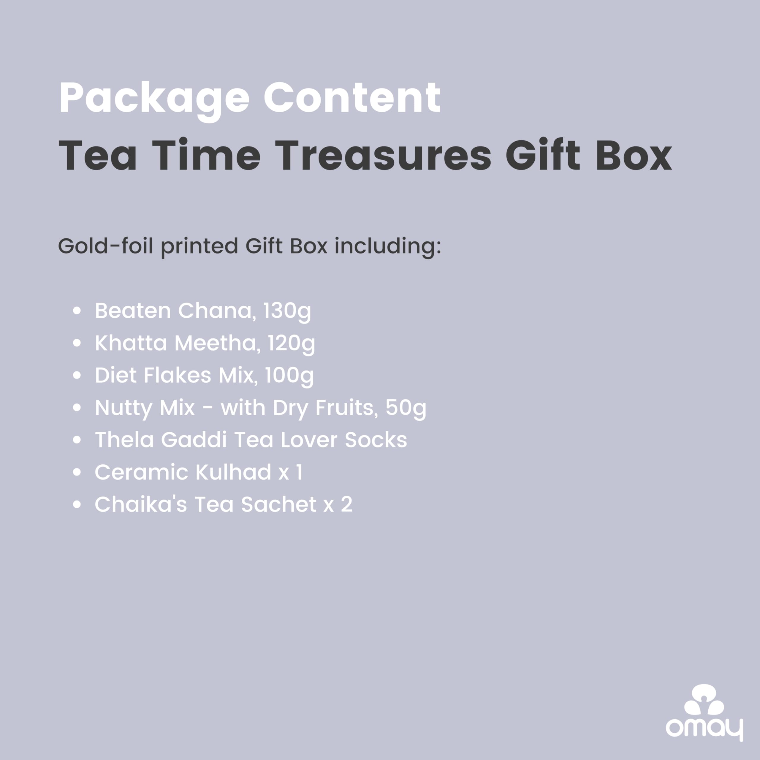 Omay Foods 8_Pcs TEA TIME Treasures Gift Box | Roasted Snacks, Tea Mix, Kulhad, Socks | Birthday Gift Hamper for Mom, Dad, Women, Men | Thank You, Congratulations, Apology Gifts | Healthy Premium Gift Hamper - Image 5 thumbnail