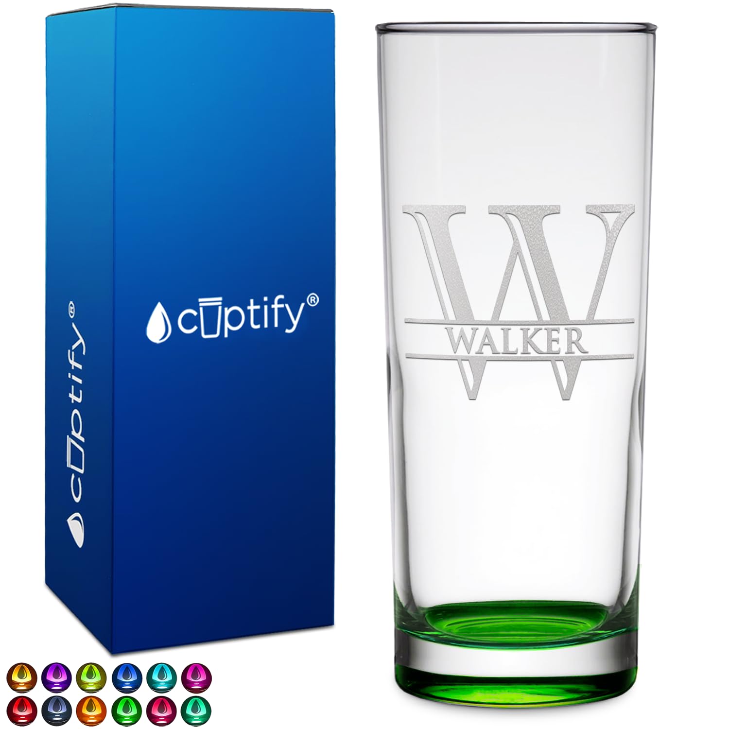 Personalized Highball 10.5 oz with Green Bottom, Custom Tall Collins Glass, Straight up Mixed Drink Cocktail - Initial with Name Gift