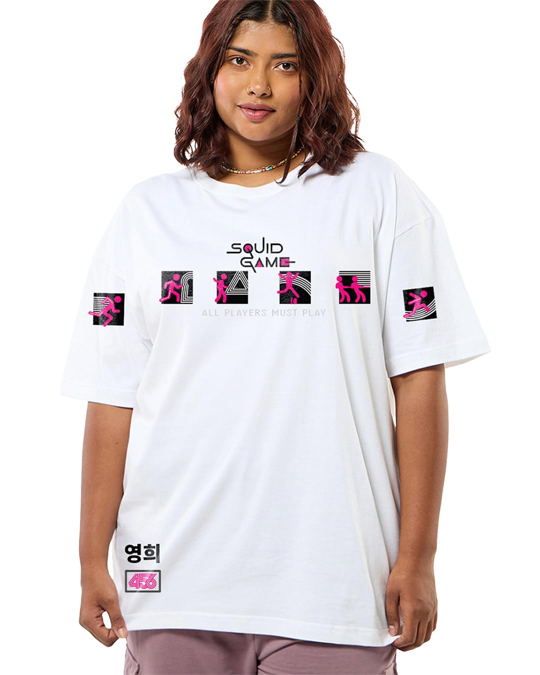 bewakoof Official Squid Game Merchandise Women's Graphic Print Oversized Fit Half Sleeve Round Neck Pure Cotton Plus Size T-Shirt-picture-25