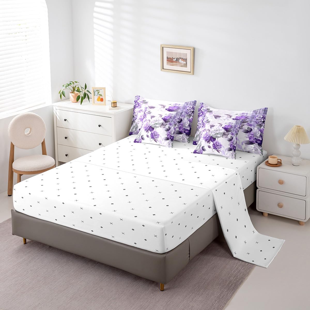 Chic Floral Bed in a Bag 7-Piece for Girls Women Hydrangea Flower Bedding Set, Purple Ombre Queen Size Comforter Set Gradient Oil Painting Bedding Comforter Sets, Vintage Watercolor Bed Set