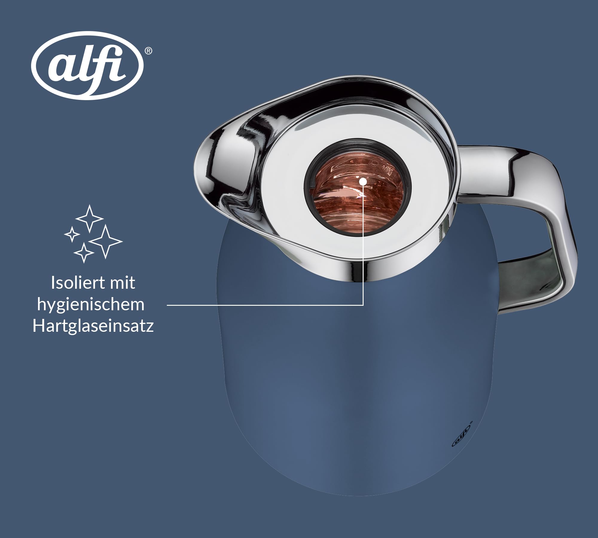 alfi SKYLINE 1,0l, deep water, Edelstahl-Isolierkanne mit hygienischem Hartglaseinsatz, Drehverschluss mit bequemer Drucktaste, ergonomischer Griff, ideal als Kaffeekanne, Teekanne, BPA-frei