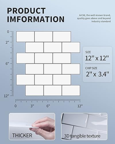 Miniatura 7 de Art3d - Azulejo Subway para pegar en la cocina (1 azulejo, color blanco, más grueso)
