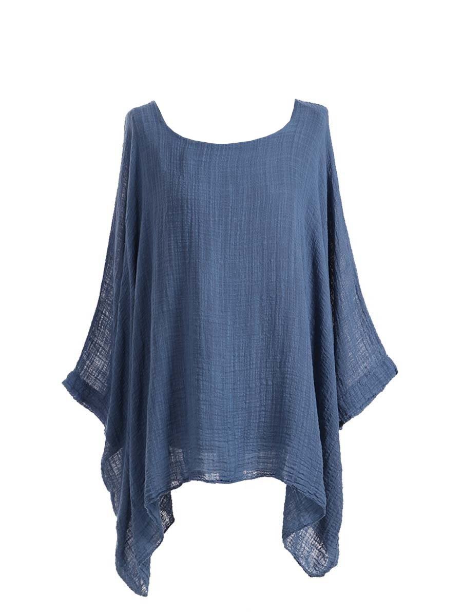 LushStyleUK New Ladies Lagenlook Batwing Top Women Plain Linen Tunic Top Plus Sizes (Denim)