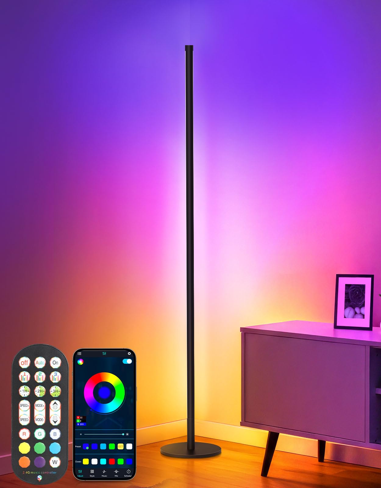 OUTON Lampara de Pie LED, RGBCW Regulable Lámpara de Pie con Control Remoto y APP, 16 Millones de Colores DIY & 61 Modos de Escena, Sincronización Musical, Temporizador, para Sala, Dormitorio, Juegos