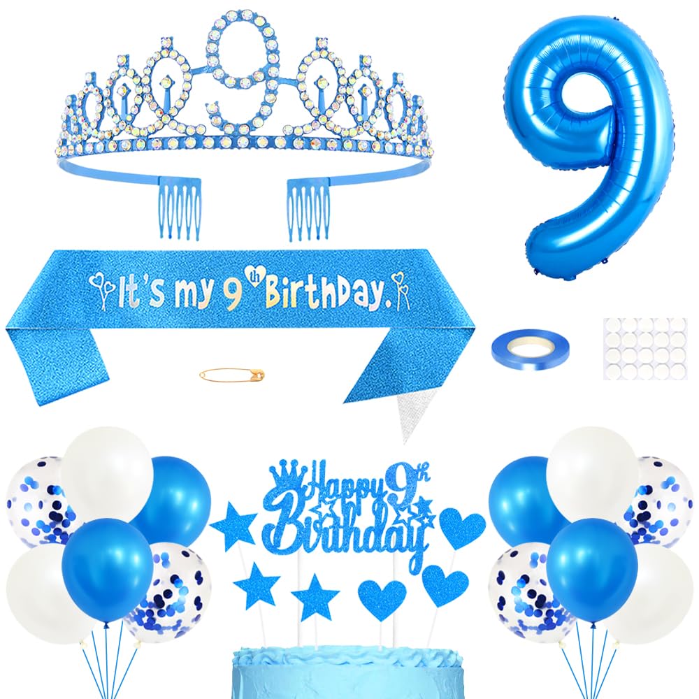 9. Geburtstag Dekoration Mädchen Geburtstags Königin Tiara Prinzessin Kronen 9th Geburtstag Schärpe 9 Jahre Alte Birthday Kuchendeko Zahl Ballons Set für Girls Geburtstagsparty Dekor, Blau
