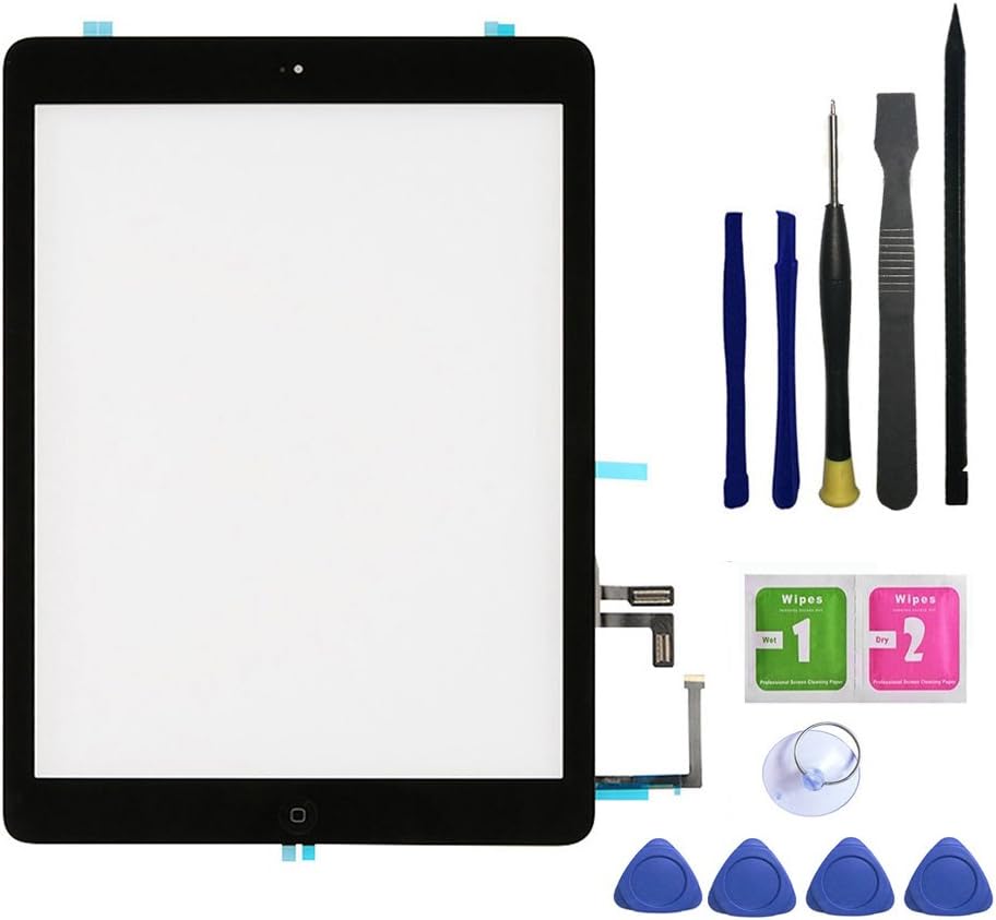 for iPad Air 1st Gen Touch Screen Digitizer Replacement Model A1474/ A1475/A1476 Front Glass Assembly -Includes Home Button + Camera Holder+PreInstalled Adhesive with Tools kit (Black)